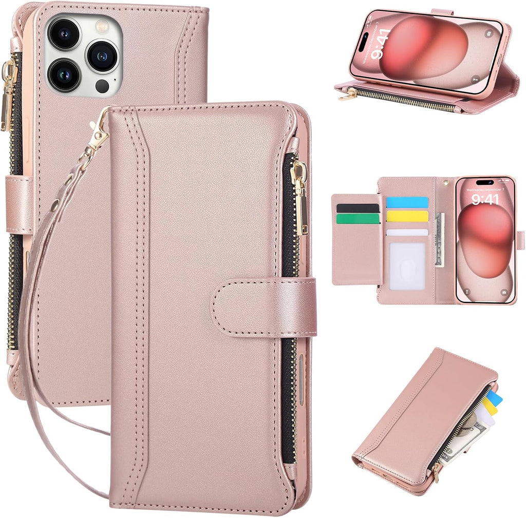Compatible with iPhone 14 Pro Wallet Phone Case-PU Leather Magnetic Flip Cover with Credit Card Slots,Zipper Pocket & Detachable Wrist Strap,Shockproof Design,for Women and Men-Pink