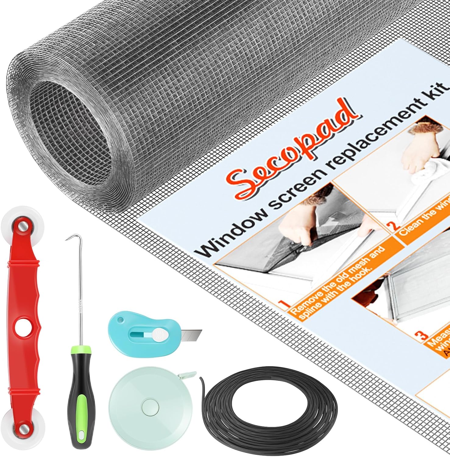 Window Screens Replacement Repair Kit, Grey Screen Door Mesh Replacement Kit, Durable Fiberglass Mesh Roll with Tools for Windows Doors Patio and Porch, 48in x 118in