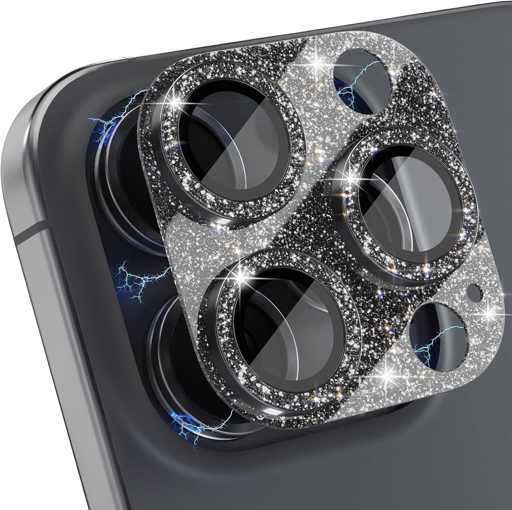 Choiche Compatible for iPhone 16 Pro/iPhone 16 Pro Max Camera Lens Protector, Bling Camera Cover with 9H Tempered Glass Lens Screen Protector Metal Ring Decoration Accessories (Glitter-Black)