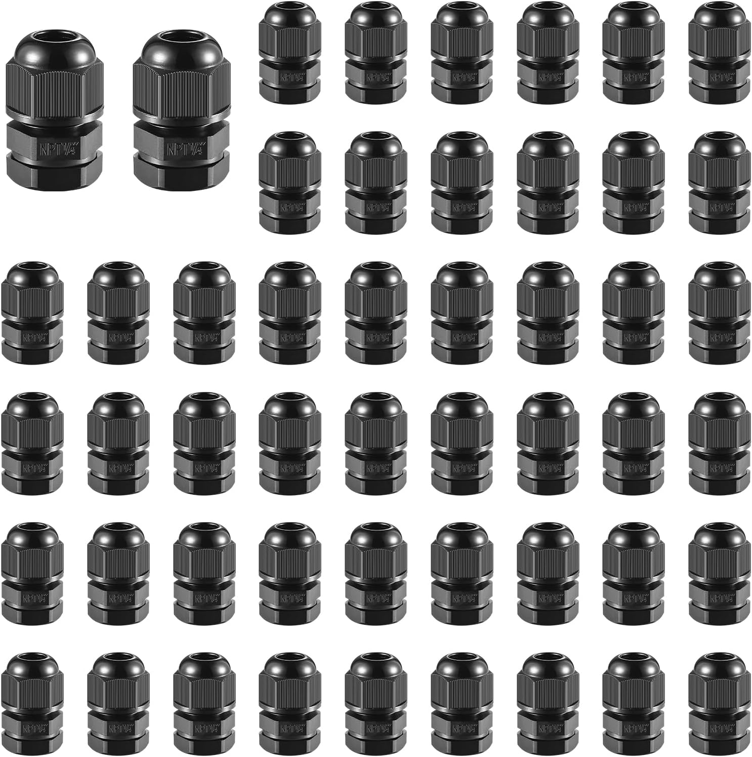50 PCS 1/4"(4-8mm) NPT Nylon Cable Gland Joints with Gaskets, IP68 Adjustable Lock Nut Strain Relief Cord Grip Waterproof Cable Glands - UL Listed and RoHS Compliant