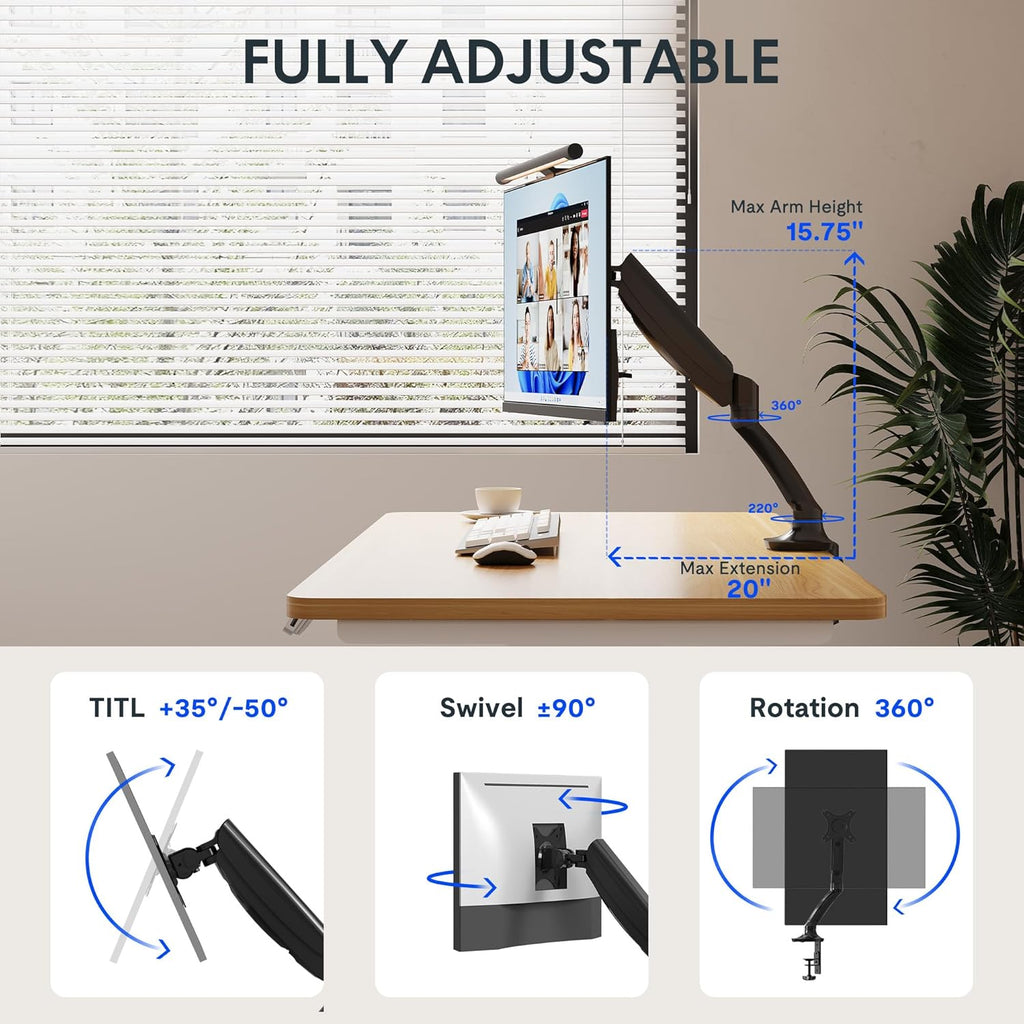 FlexiSpot Single Monitor Stand for Desk Adjustable Spring Vesa Monitor Mount with C Clamp for 10 to 27 Inch Computer Screens Heavy Duty Monitor Arm Hold up to 3.3 to 11lbs, Black