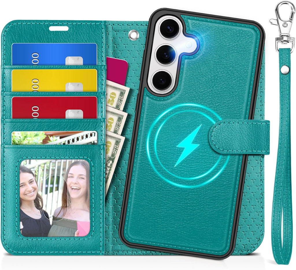 TUCCH Case Wallet for Galaxy S25 Plus, Detachable [Wireless Charging] RFID Blocking 4 Card Holder, Wrist Strap Removable Stand PU Leather Flip Shockproof Phone Cover for Galaxy S25 Plus 6.7", Cyan