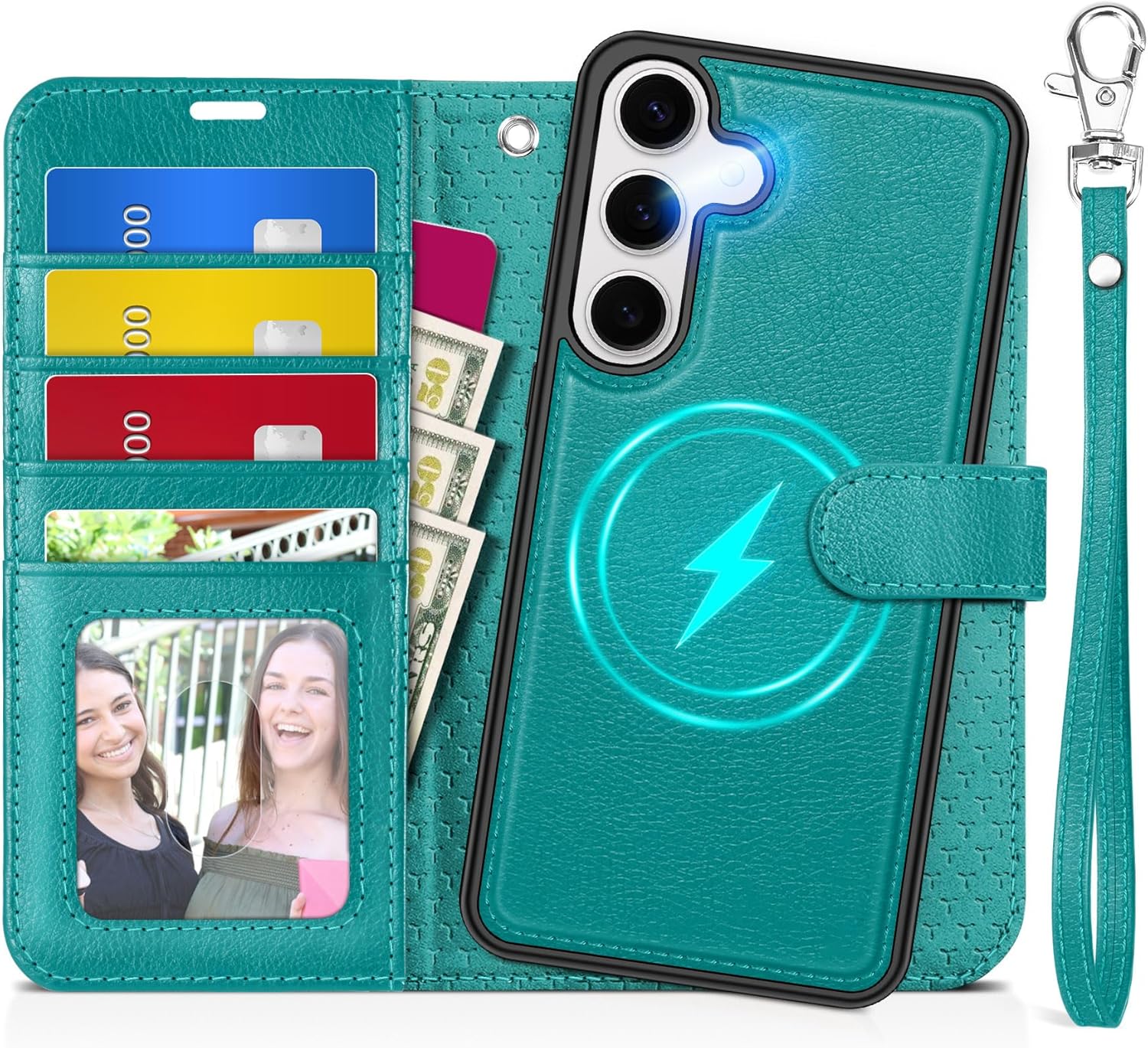 TUCCH Case Wallet for Galaxy S25 Plus, Detachable [Wireless Charging] RFID Blocking 4 Card Holder, Wrist Strap Removable Stand PU Leather Flip Shockproof Phone Cover for Galaxy S25 Plus 6.7", Cyan