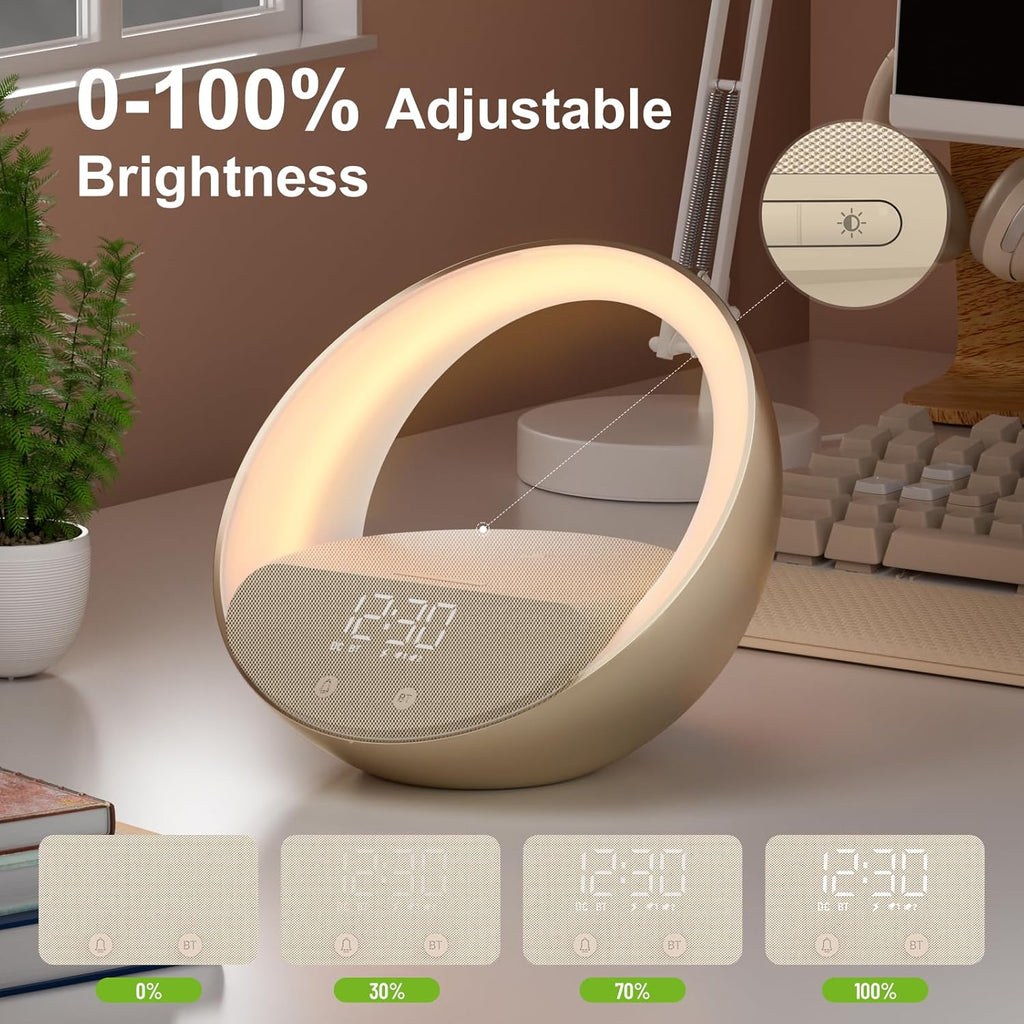 Bluetooth Alarm Clock, Sunrise Simulation Wake Up Night Light, 15W Fast Wireless Charging Alarm Clock for Bedroom, 10W Bluetooth Stereo Sound Speaker, USB Charger Port