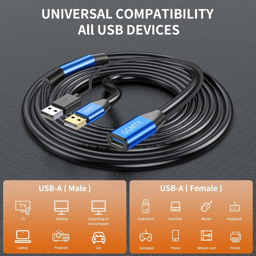 USB 2.0 Type A Male to A Female Active Repeater Extension Cable 30ft, High Speed 480 Mbps