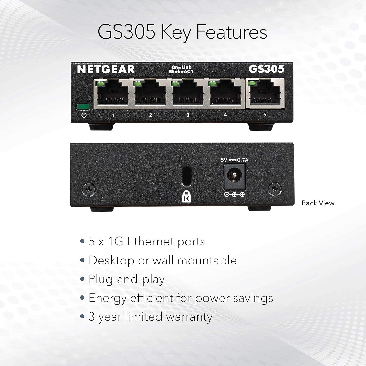 NETGEAR 5-Port Gigabit Ethernet Unmanaged Essentials Switch (GS305) - Home Network Hub, Office Ethernet Splitter, Plug-and-Play, Silent Operation, Desktop or Wall Mount