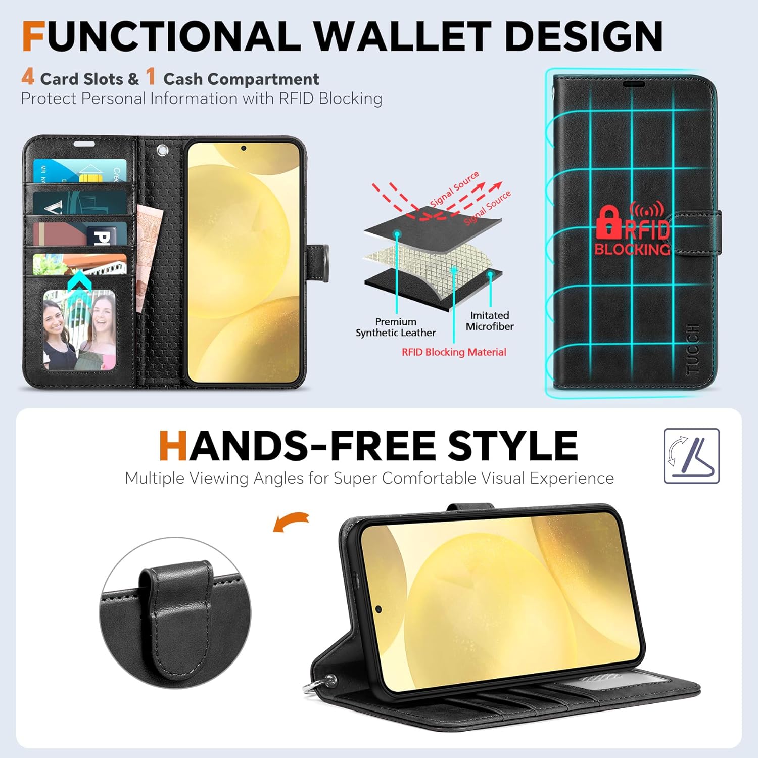 TUCCH Wallet Case for Galaxy S25 Plus, Removable RFID Blocking [4 Card Slots] Wrist Strap [Wireless Charging] Kickstand PU Leather Magnetic Detachable Protective Cover for Galaxy S25 Plus 6.7", Black
