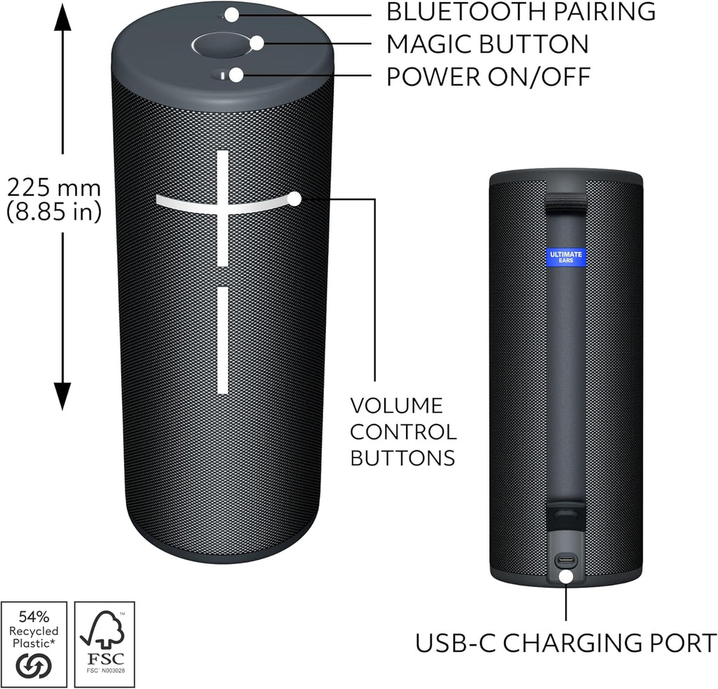 Ultimate Ears MEGABOOM 4 Portable Waterproof Bluetooth Speaker, 360-Degree Sound, Thundering Bass, 147ft Range, 20-Hour Battery, Floating Speaker - Black