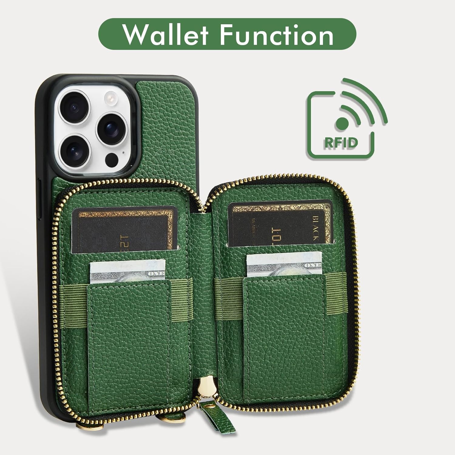 ZVE for iPhone 15 Pro Crossbody Wallet Case, Card Holder Phone Purse for Women, RFID Blocking Zipper Leather Cover with Wrist Strap for iPhone 15 Pro (6.1 inch)- Dark Green