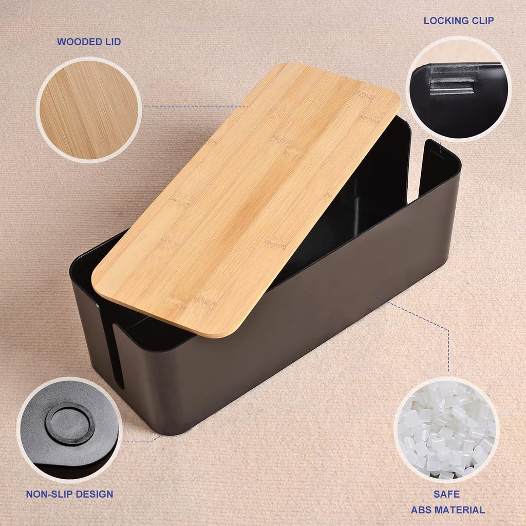 Cable Management Box - Wooden Style Cord Organizer Box to Hide Wires & Power Strips | Desk Computer Cable Organizer Box | Safe ABS Material | 12.6" (L) x 5.3" (W) 4.9" (H) | for Home & Office - Black
