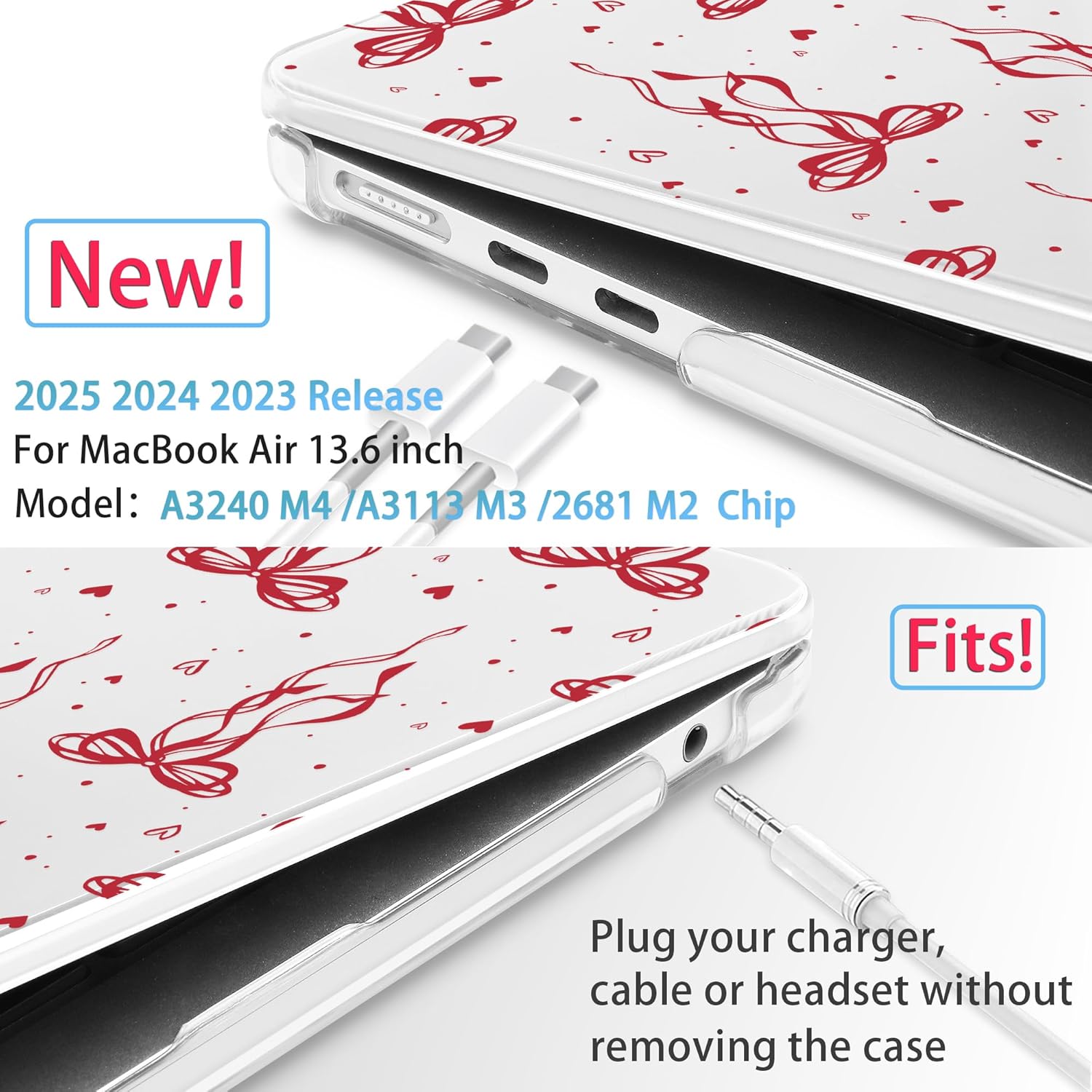 Mektron for 2025 M4 MacBook Air 13.6 Inch A3240 Case Fits 2023 A2681 M2 2024 A3113 M3 Chip with Liquid Retina Display Touch ID, Printed Plastic Hard Shell Cover for MacBook Air 13.6", Layer Bows