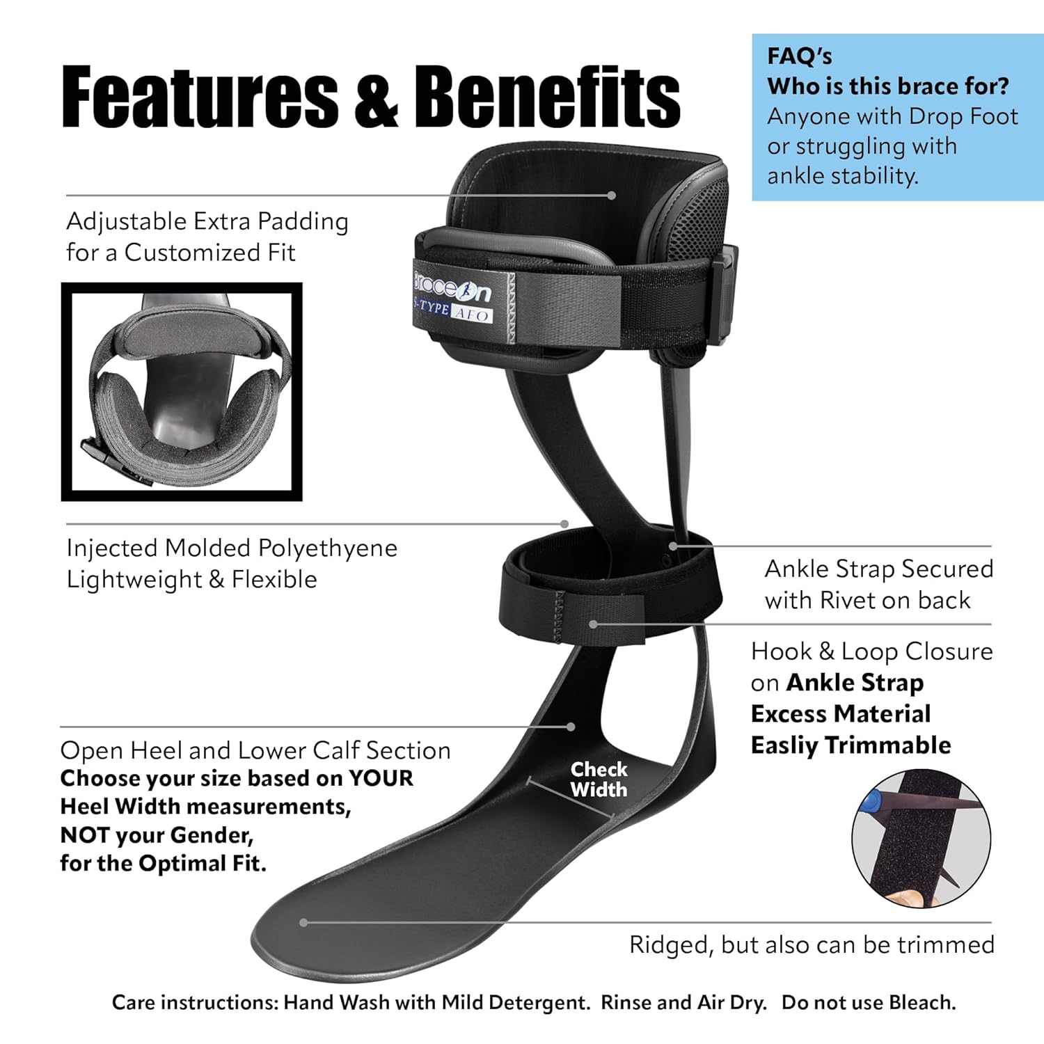 Brace On AFO S-Type - Drop Foot Stabilizer Brace, Moldable, Trimmable, Lightweight Polyethylene, Braces for Men, AFO Brace and Foot Drop Braces, Boot for Injured Foot, Men, Left