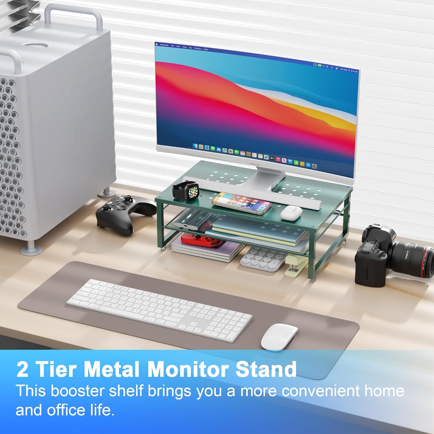 gianotter 2-Tier Metal Monitor Stand Riser, Desk Organizer for Monitor, Office Desk Storage Organizer for Office Supplies (Dark Green)