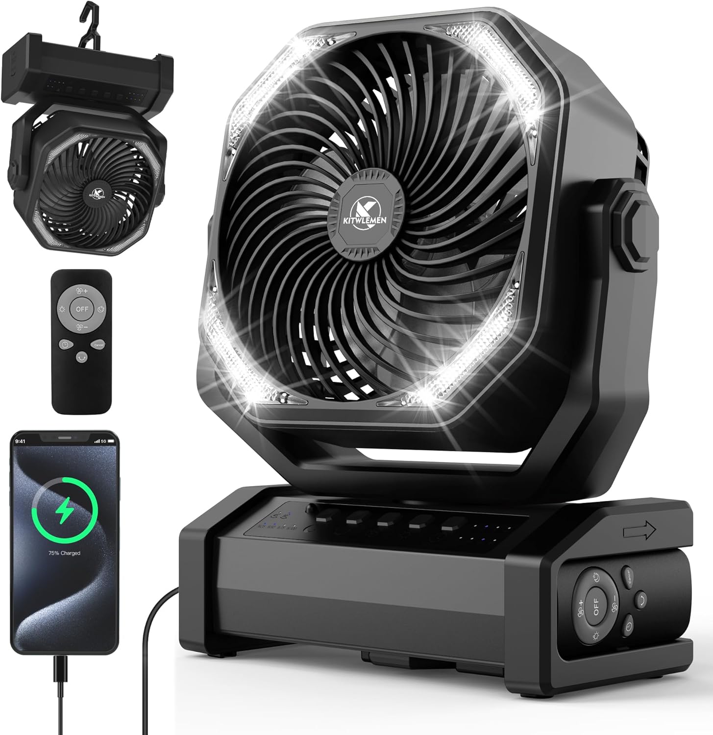 KITWLEMEN Camping Fan with Light - 20000mAh Rechargeable Battery Fan, 60Hrs Max Run Time, 4 Speeds, Timer, Auto Oscillation, 270° Pivot & Hook for Camping, Power Outage, Hurricane