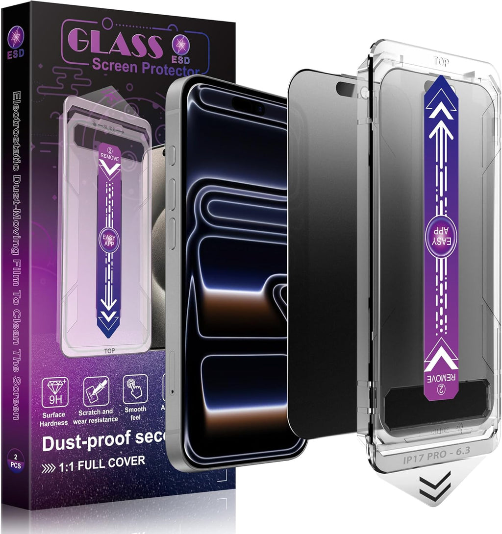 Matte Privacy Screen Protector for iPhone 17 Pro 6.3-Inch, Auto Dust Removal, 9H Anti-Spy Tempered Glass Film, Full Cover, Anti-Fingerprint, Easy Installation, 2 Pack