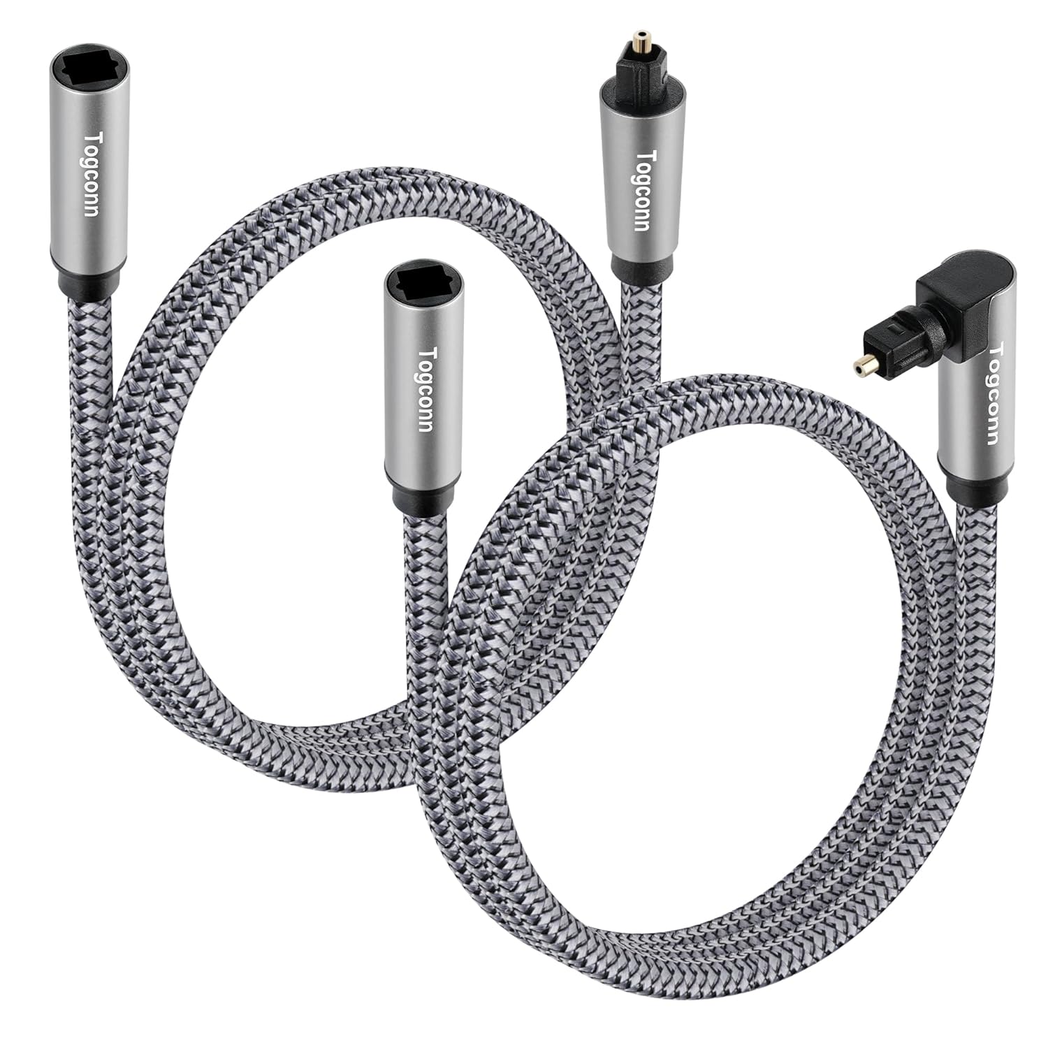 Optical Extension Fiber Digital Cable Adapter 0.6 Feet（2 Pack）, 90 Degree Right Angle & Straight Male to Female Coupler, Toslink Audio Cable, Nylon Braided for Home Theater, Soundbar, TV and More