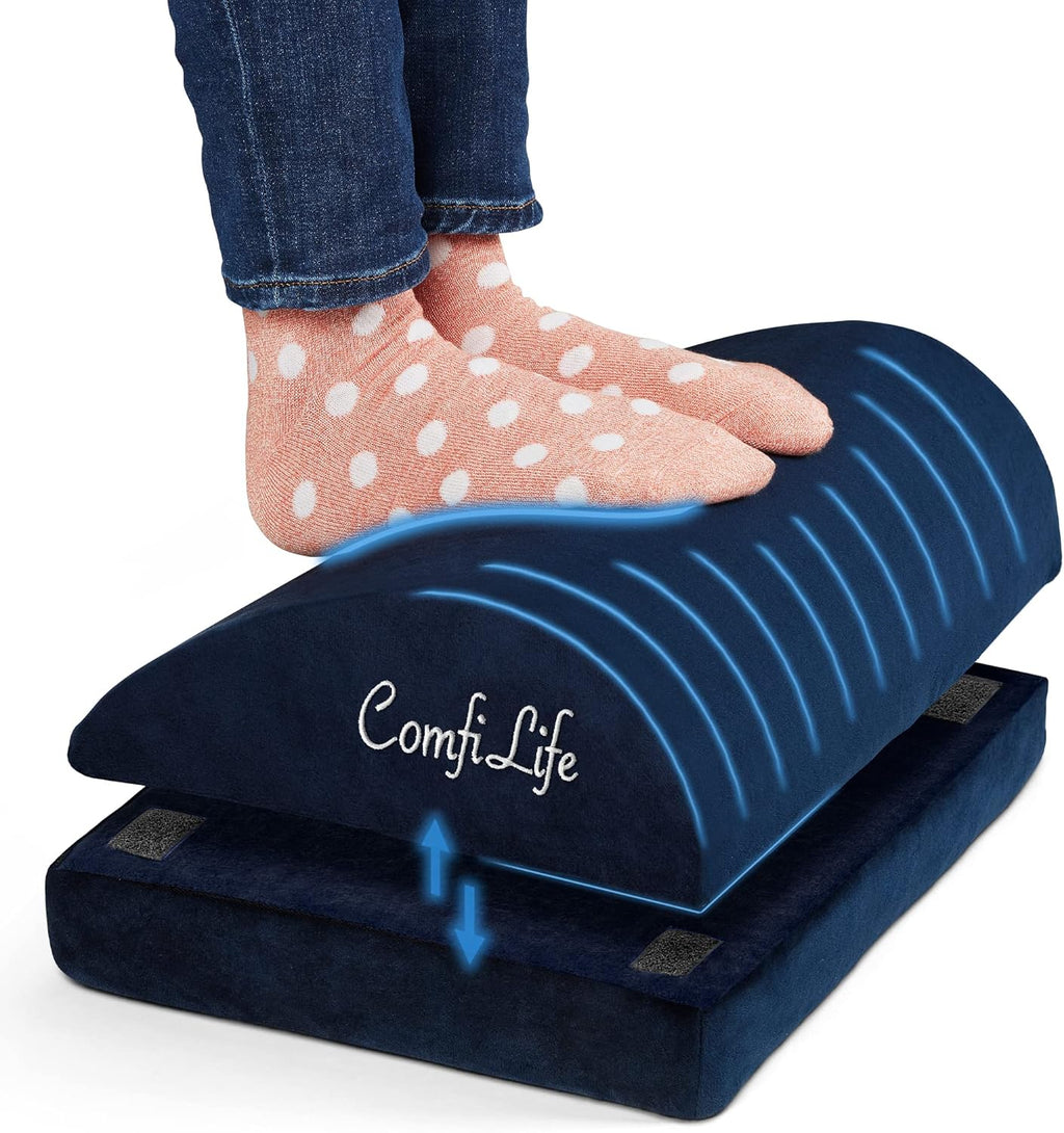 ComfiLife Foot Rest for Under Desk at Work – Adjustable Desk FootRest for Office Chair, Gaming Accessories – Ergonomic Teardrop Design for Back, Hip & Leg Pain Relief – 100% Memory Foam (Navy)