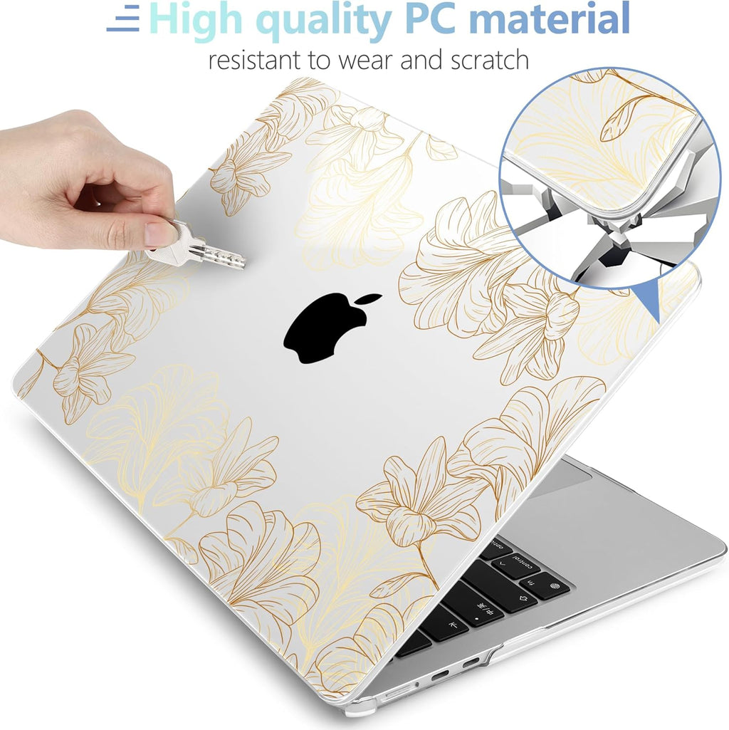MEEgoodo for M4/M3/M2 MacBook Air 15.3 inch Case 2025 2024 2023, Case Fit Model (A3241/A3114/A2941) for MacBook Air 15 inch, Laptop Hard Shell with Keyboard Cover, Drawn Golden Floral