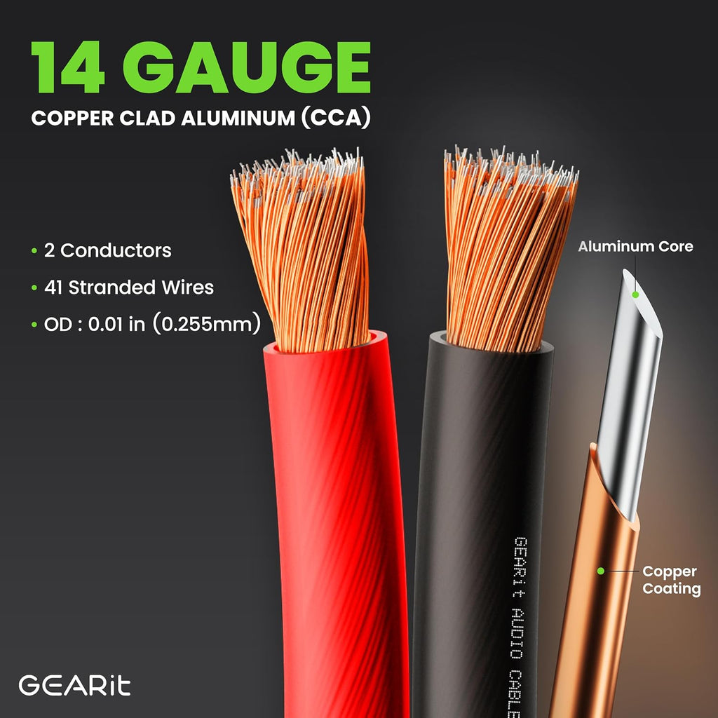 14 Gauge Car Speaker Wire, GearIT Pro Series (100 Feet, Soft Touch Translucent Red / Black) Copper Clad Aluminum CCA 14 AWG Automotive Car Speaker Wire for Car Stereo, Car Audio Wiring Kit - 100ft