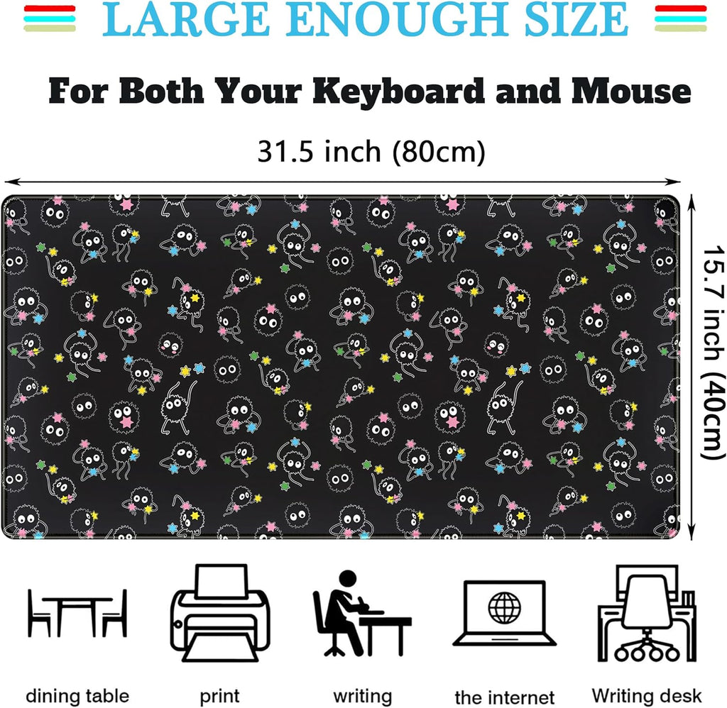 Desk Mat Cute Black Anime Sprite Gaming Mouse Pad XXL Large Extended Kawaii Laptop Keyboard Mouse Mat with Stitched Edges, Non-Slip Computer Desktop Mat for Women Office Desk Decor 31.5x15.7 in