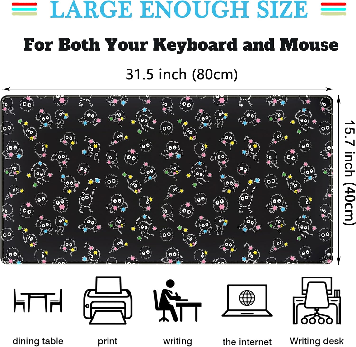 Desk Mat Cute Black Anime Sprite Gaming Mouse Pad XXL Large Extended Kawaii Laptop Keyboard Mouse Mat with Stitched Edges, Non-Slip Computer Desktop Mat for Women Office Desk Decor 31.5x15.7 in