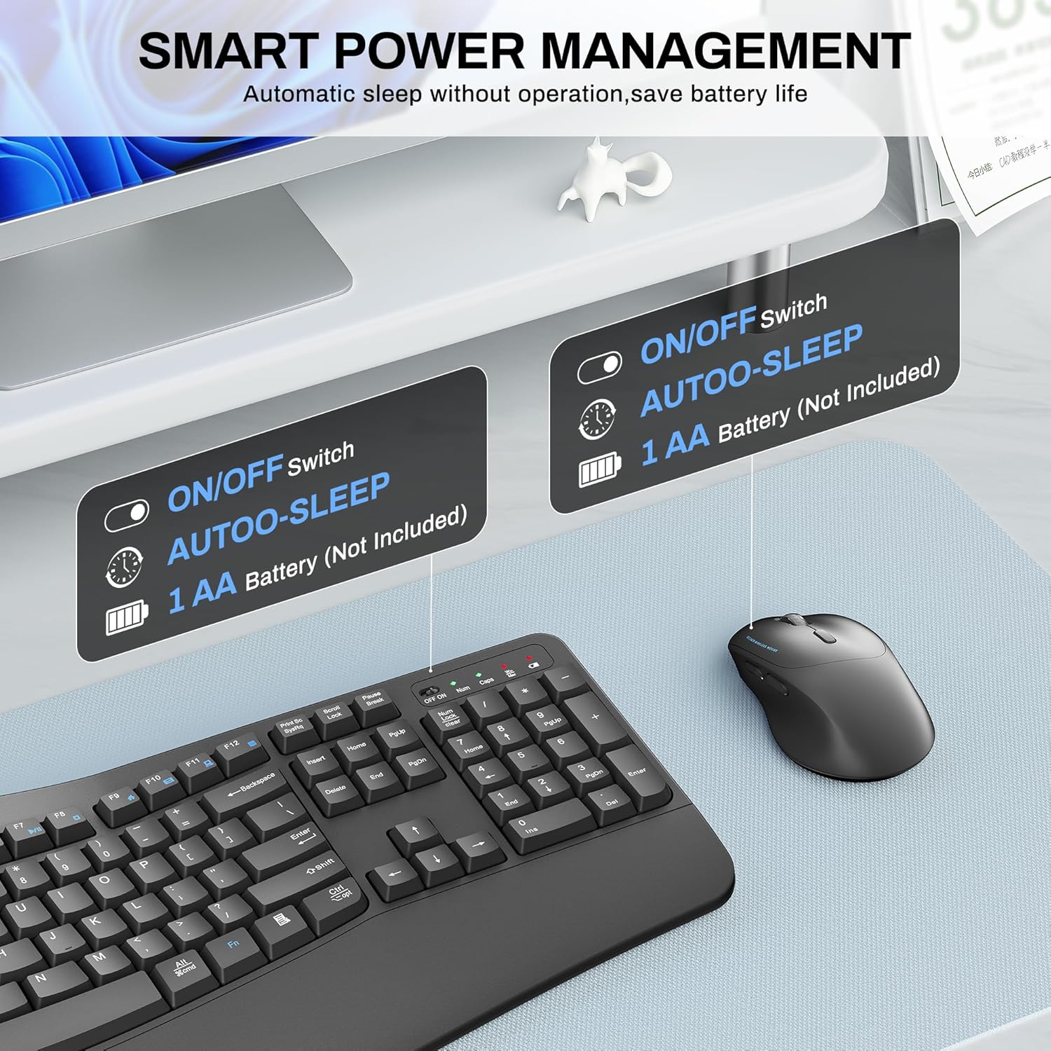 Wireless Keyboard and Mouse Combo,2.4G Full Size Wave Keys Ergonomic Keyboard with Wrist Rest for Natural Typing, 3 DPI Adjustable Ergonomic Silent Mouse for Computer/Laptop/Windows/Mac (Grey)