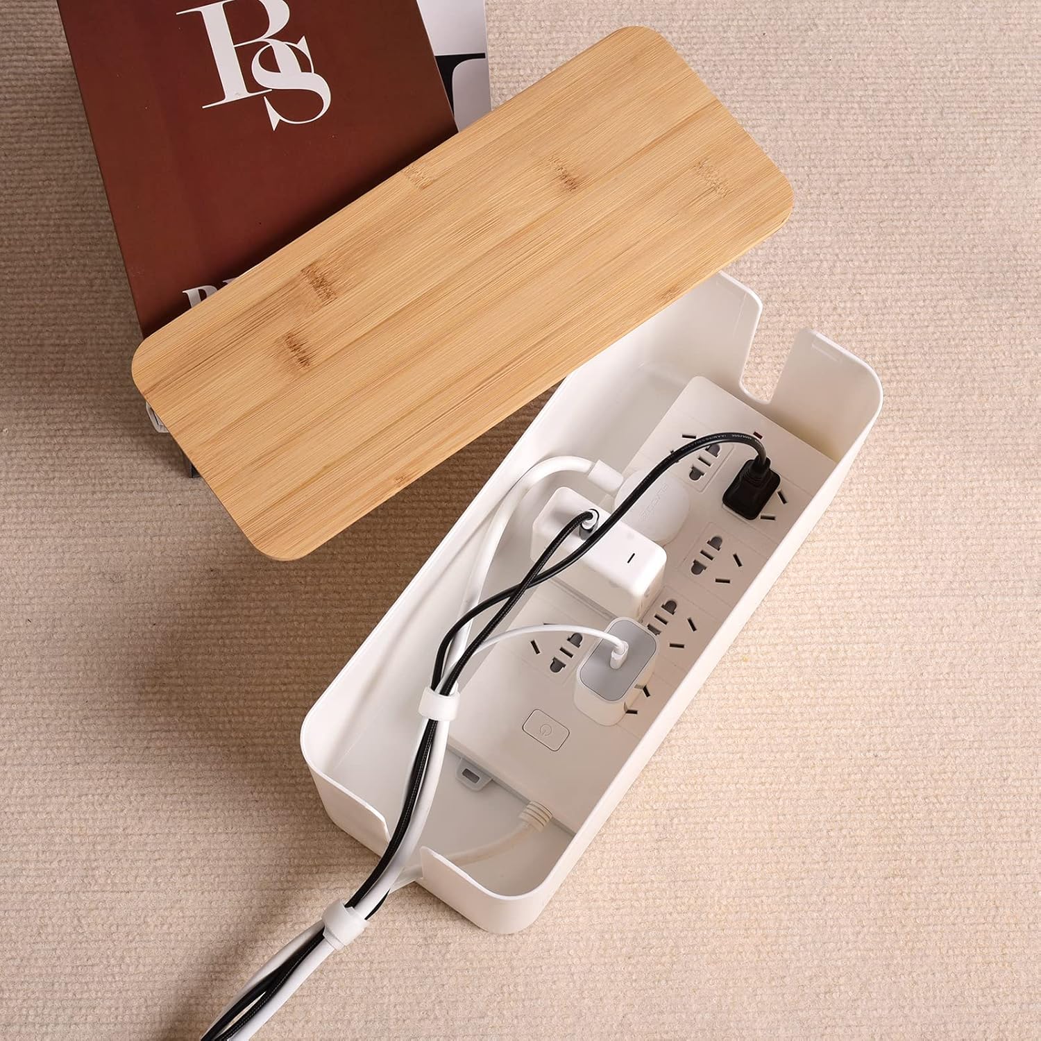 Cable Management Box - Wooden Style Cord Organizer Box to Hide Wires & Power Strips | Desk Computer Cable Organizer Box | Safe ABS Material | 12.6" (L) x 5.3" (W) 4.9" (H) | for Home & Office - White