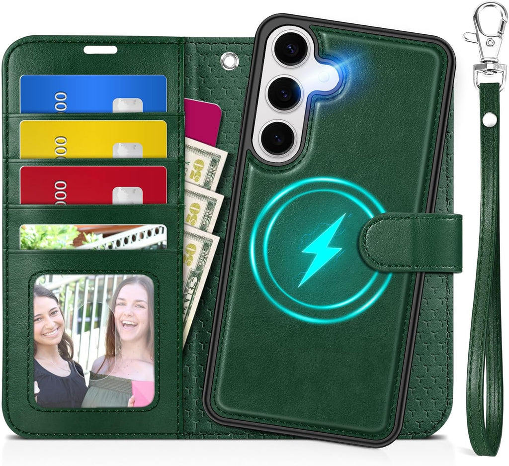 TUCCH Wallet Case for Galaxy S25 Plus, [Removable] 2 in 1 [Wireless Charging] Wrist Strap RFID Blocking [4 Card Holder] PU Leather Stand Cover, Magnetic Detachable Folio for Galaxy S25 Plus, Evergreen