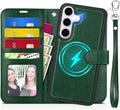 TUCCH Wallet Case for Galaxy S25 Plus, [Removable] 2 in 1 [Wireless Charging] Wrist Strap RFID Blocking [4 Card Holder] PU Leather Stand Cover, Magnetic Detachable Folio for Galaxy S25 Plus, Evergreen