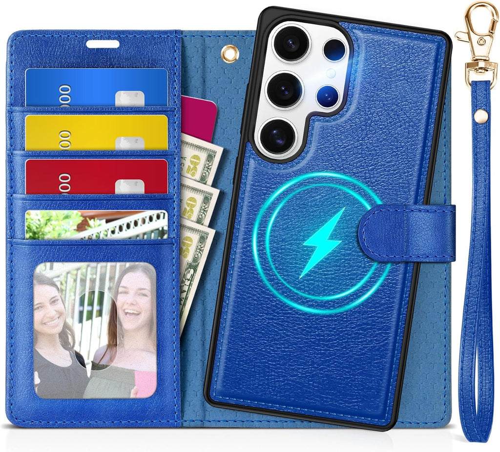 TUCCH Case Wallet for Galaxy S25 Ultra, Removable [2 in 1] [Wireless Charging] Wrist Strap PU Leather Magnetic Stand RFID Blocking [4 Card Slots] Detachable Folio for Galaxy S25 Ultra 6.9", Klein Blue
