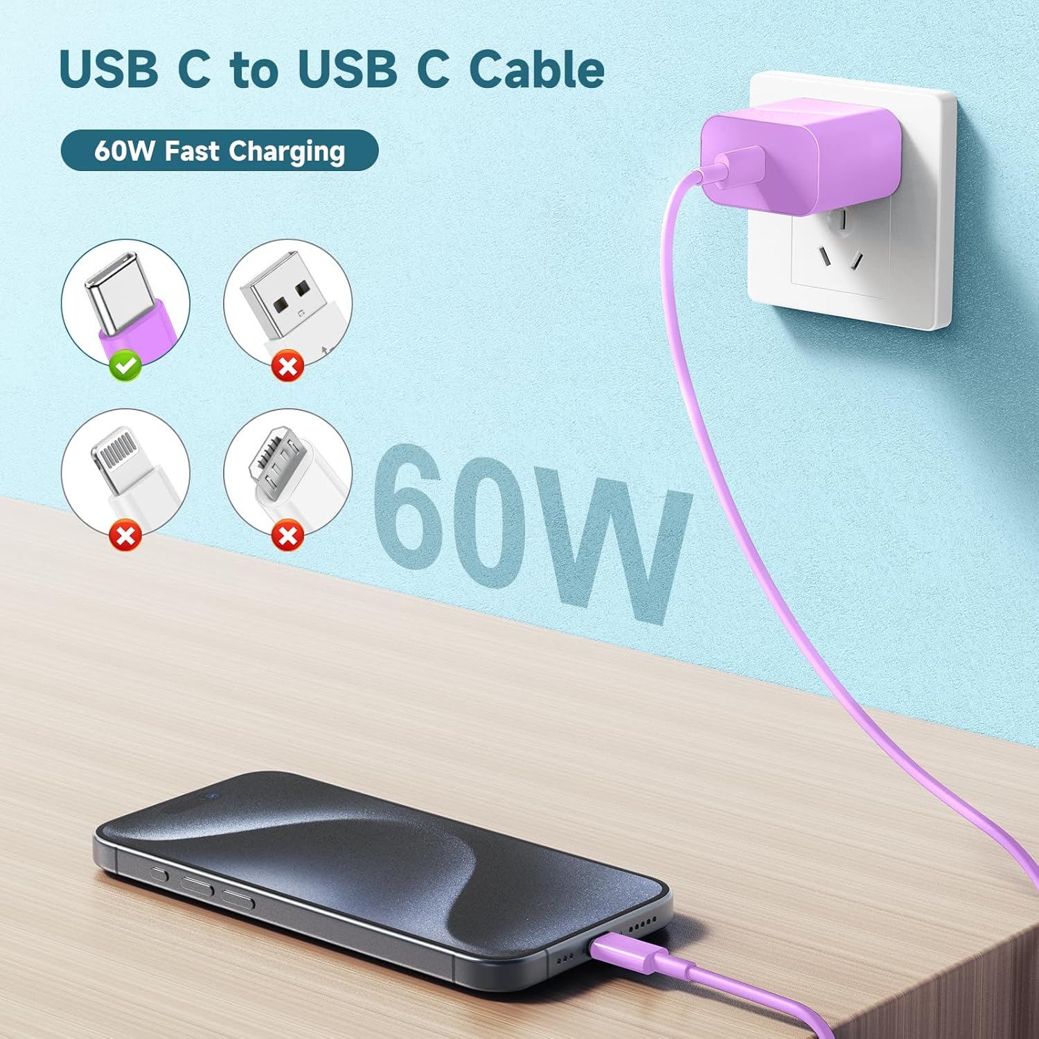 60W USB C to C Cable [3Pack] iPhone 15 Fast Charging Cable,6ft Long USB-C to USBC Power Cord for iPhone 16/15 Pro Plus Pro Max, MacBook Pro Air/IPad/iPad Pro 12.9/11,AirPods 4(Purple)