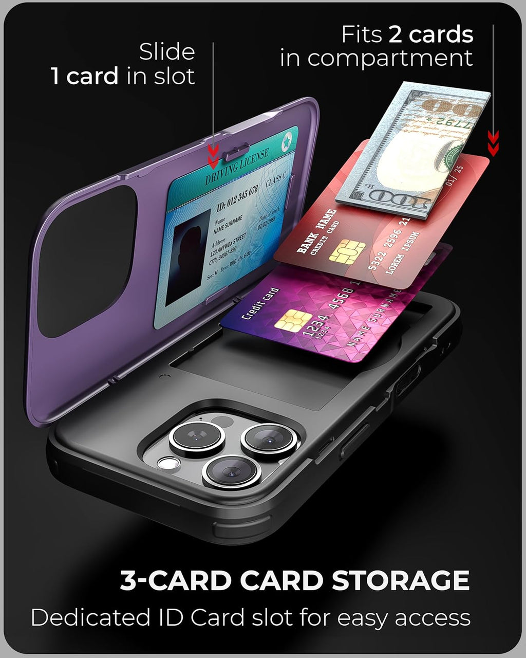 TORU CX Slim for iPhone 16 Pro Case Wallet | Protective Shockproof Heavy Duty Cover with Hidden Card Holder & Card Slot | Mirror & Wrist Strap Included - Purple