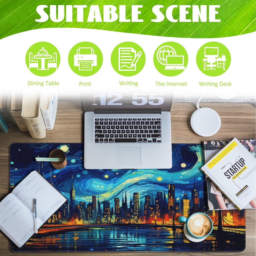 Desk Pad,City Starry Night Desk Mat,Abstract Oil Painting Large Gaming Mouse Pad for Desk,Extended Big Computer Keyboard Mouse Pad with Non-Slip Base and Stitched Edge,35.4"x15.7"