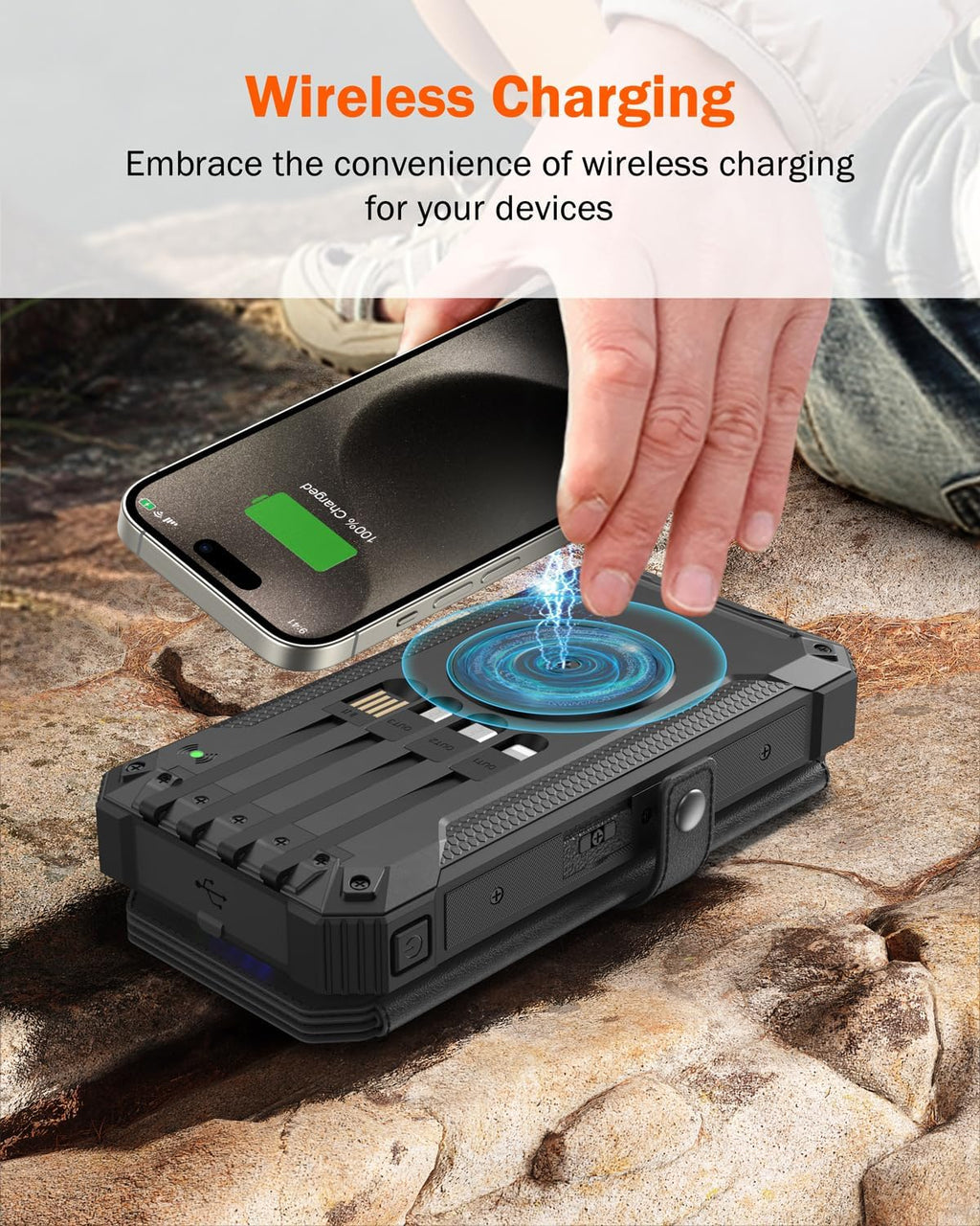 GOODaaa Solar Charger Power Bank, Portable Wireless Charger 36800mAh with Five Solar Panels Built-in Four Cable Five Outputs Outdoor Battery Pack for Cell Phone with Dual Flashlights, Carabiner
