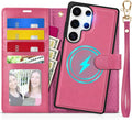 TUCCH Case for Galaxy S25 Ultra, [Detachable] 2 in1 Magnetic PU Leather Wallet Case Wrist Strap RFID Blocking [Wireless Charging] 4 Card Holder Stand Removable Cover for Galaxy S25 Ultra, Hot Pink