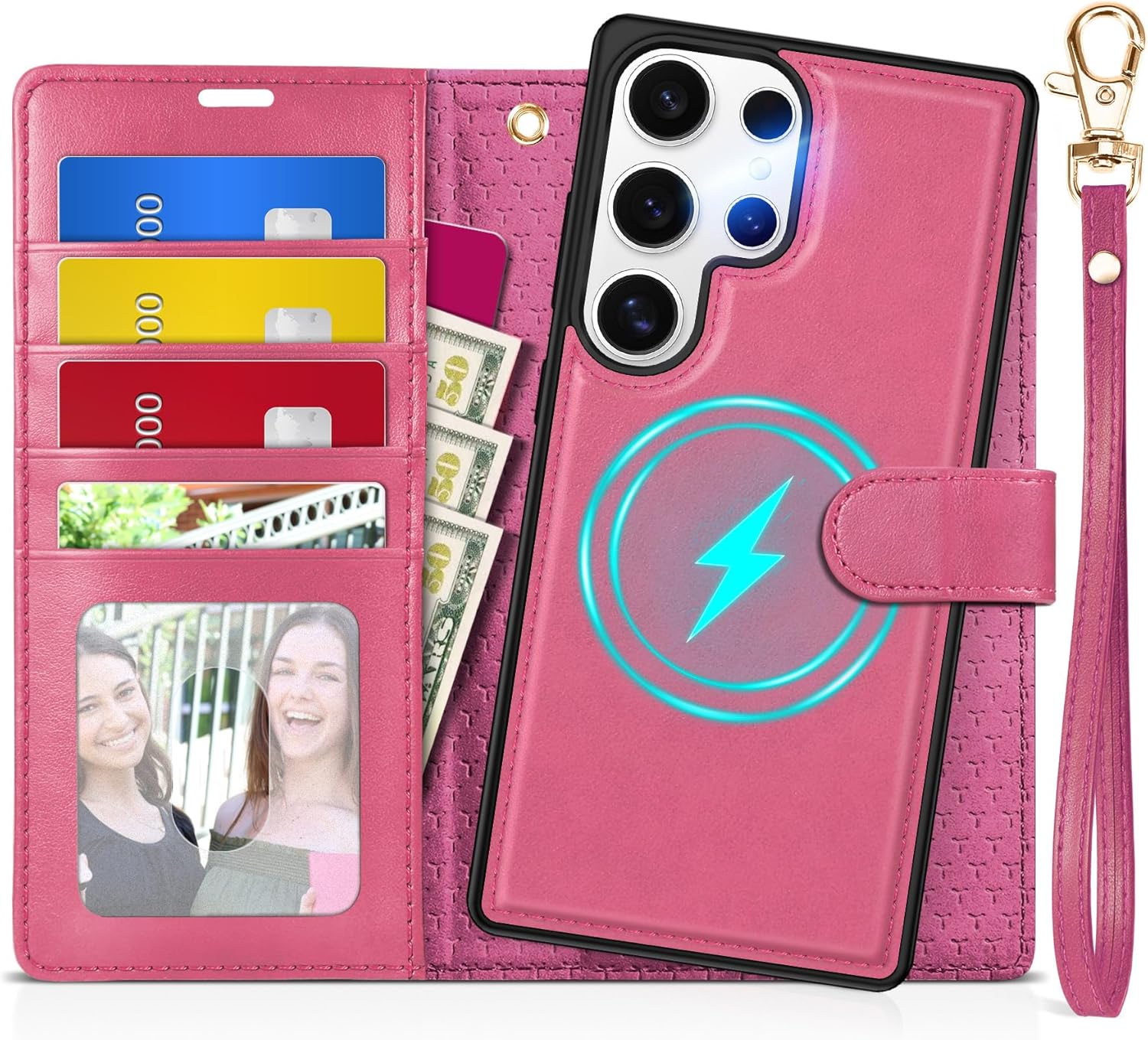 TUCCH Case for Galaxy S25 Ultra, [Detachable] 2 in1 Magnetic PU Leather Wallet Case Wrist Strap RFID Blocking [Wireless Charging] 4 Card Holder Stand Removable Cover for Galaxy S25 Ultra, Hot Pink