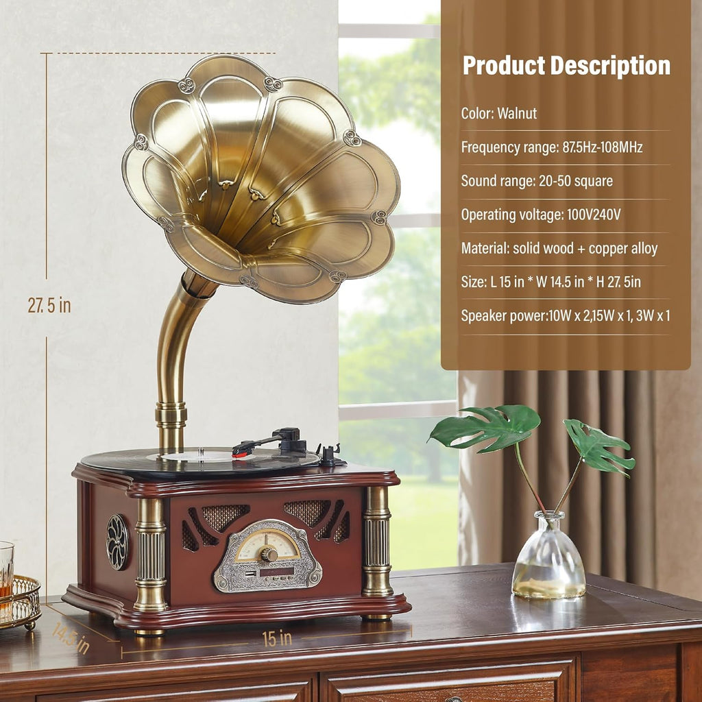 Vintage Gramophone with Bluetooth Output Vintage Record Players Retro Gramophone Turntables for 7" 9" 12" Vinyl Records 3 Speed, Hi-Fi, Handcrafted by Pure Oak (Walnut)