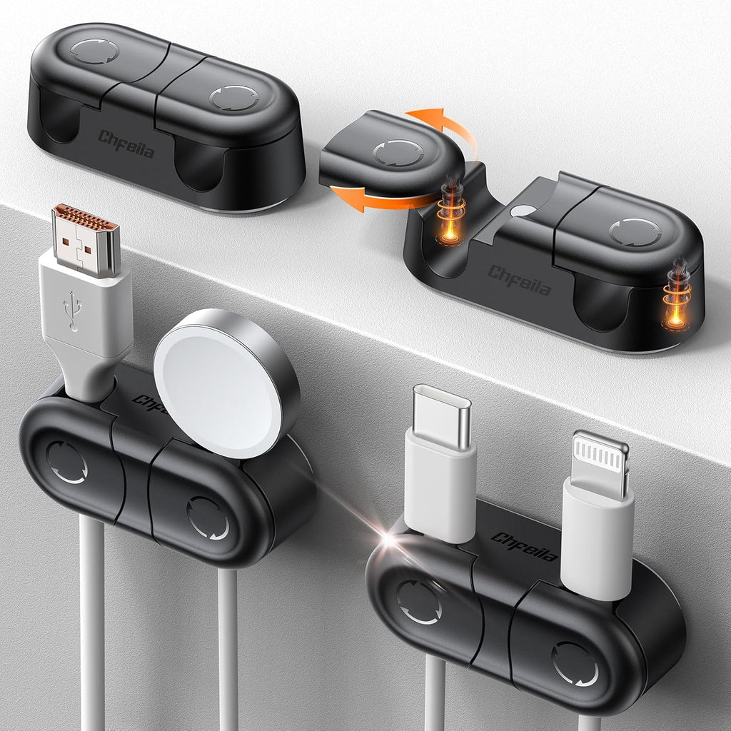 Magnetic Cable Clips - Chfeila 4Pack [Dual Slot] [360°Rotating & Twist-Lock] Cord Management, Adhesive Phone Charging Keeper, Wire Organizer Holder for Nightstand, Home Office Desk Accessories Decor