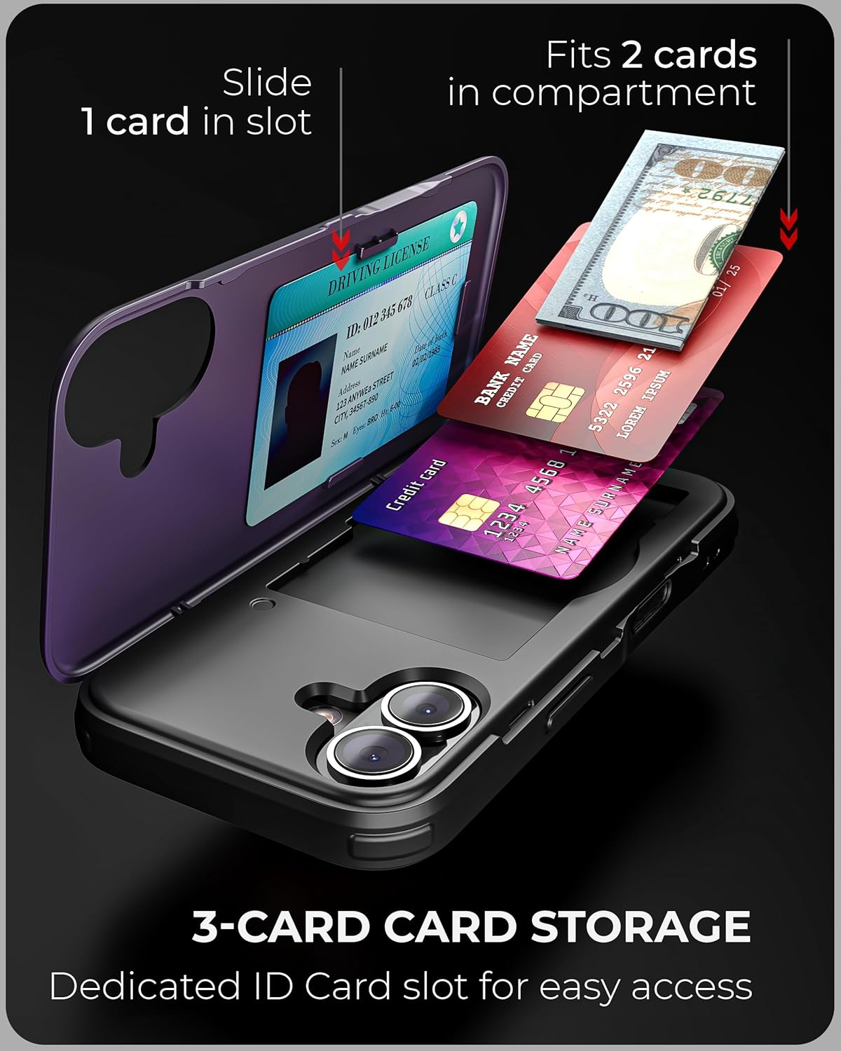 TORU CX Slim for iPhone 16 Case Wallet | Protective Shockproof Heavy Duty Cover with Hidden Card Holder & Card Slot | Mirror & Wrist Strap Included - Purple