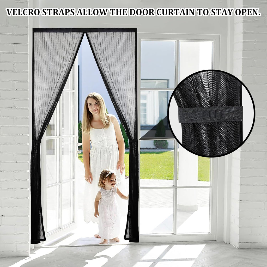 Magnetic Screen Door - Self Sealing, Heavy Duty, Hands Free Mesh Partition Keeps Bugs Out Let Breeze in- Pet and Kid Friendly - Keep Open Feature (Black, Fit Door Size 30 x 80 Inch)