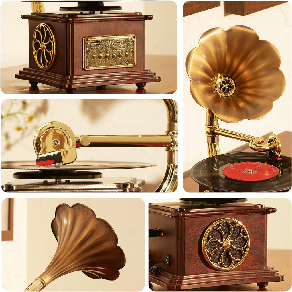 Vintage Style Wooden Record Player with Bluetooth, USB, AUX, FM Radio and Built-in Speakers (109HJ-1)