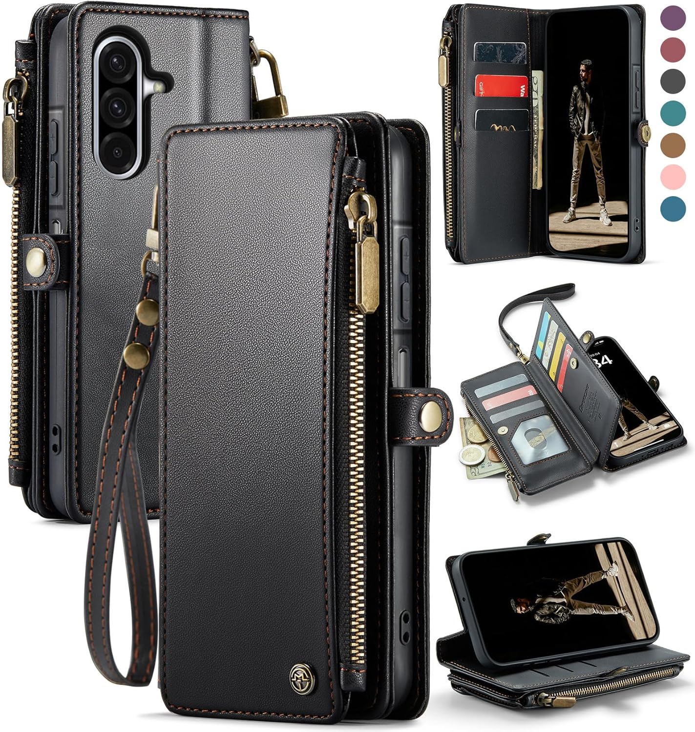 Defencase for Galaxy A26 5G Case Wallet with RFID Blocking Card Holder for Women Men, Fashion PU Leather Magnetic Snap Flip Zipper Wrist Strap Wallet Phone Case for Samsung Galaxy A26 5G, Black