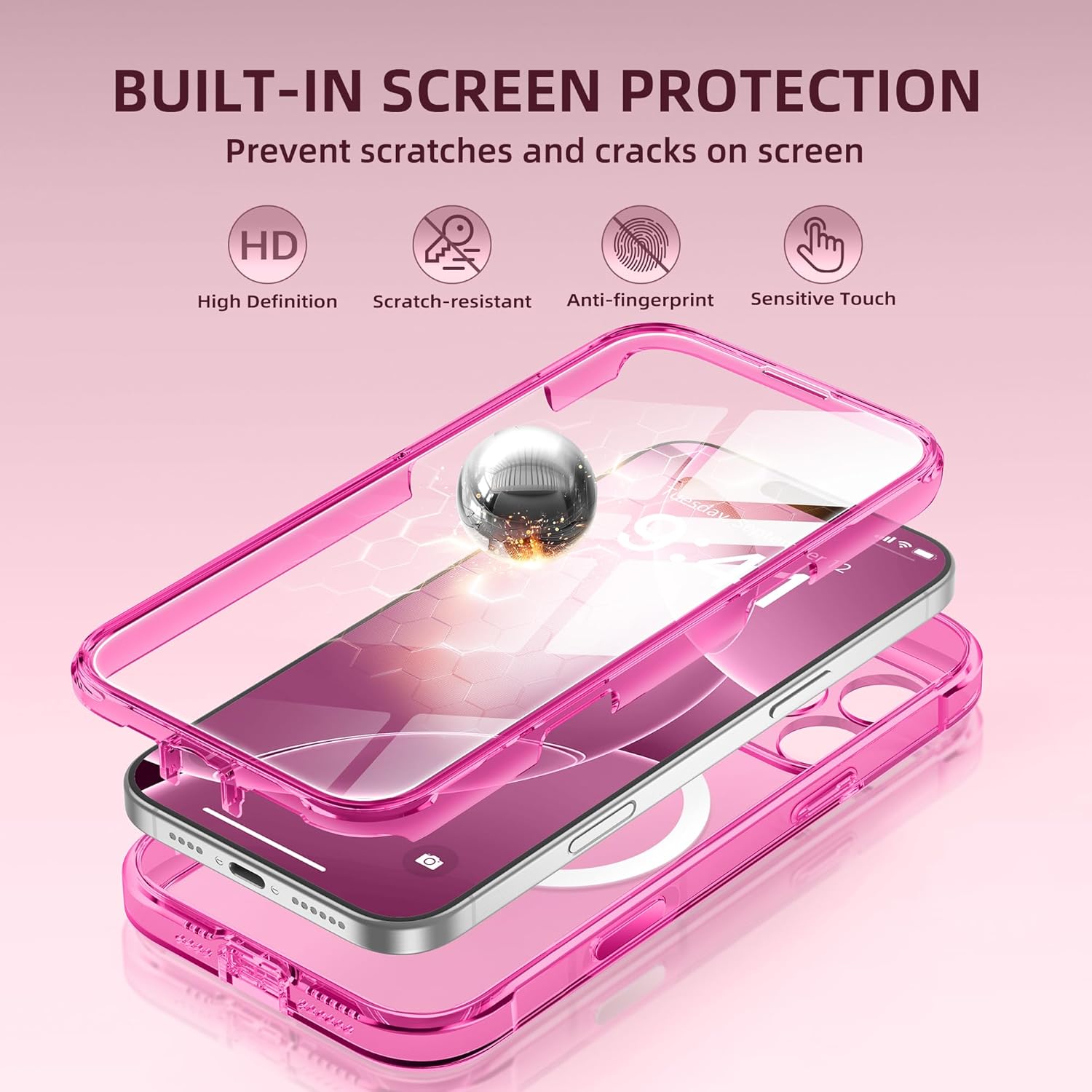 BERFY Magnetic for iPhone 16 Pro Case, Compatible with MagSafe, [Built-in 9H Tempered Glass Screen Protector & Upgraded Camera Protection] Full Body Shockproof Phone case for 16 Pro 6.3", Bright Pink
