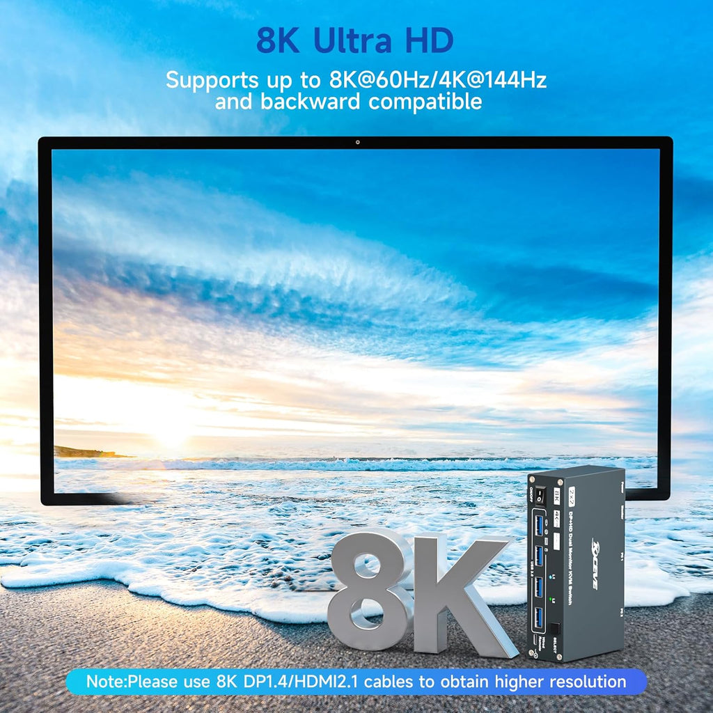 HDMI Displayport Hybird KVM Switch 2 Monitors 2 Computers 8K@60Hz 4K@144Hz, Aluminum Dual Monitor KVM Switches for 2 PC Share 2 Monitor and 4 USB Devices, Support Extended/Copy Mode,Cables Included