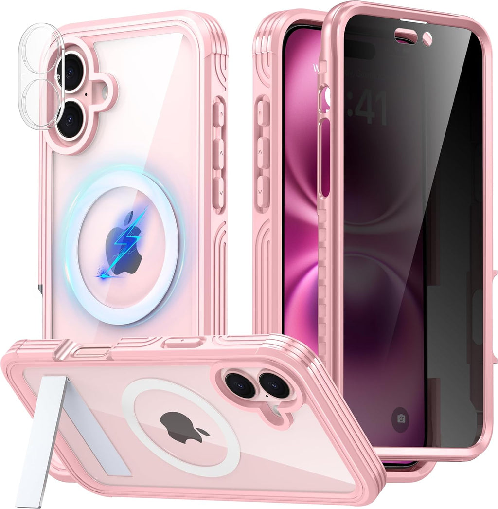Magnetic & Stand for iPhone 16 Plus Case Built-in Privacy Screen Protector[360° Full Body Protection][Fit for Magsafe][Lens Protector] Heavy Duty Shockproof Phone Case for iPhone 16 Plus Pink