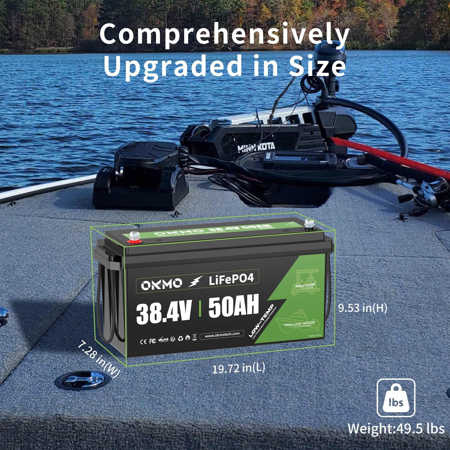 OKMO 36V 50Ah Trolling Motor LiFePO4 Lithium Battery with 100A BMS Low-Temp Protection for 36V Trolling Motor