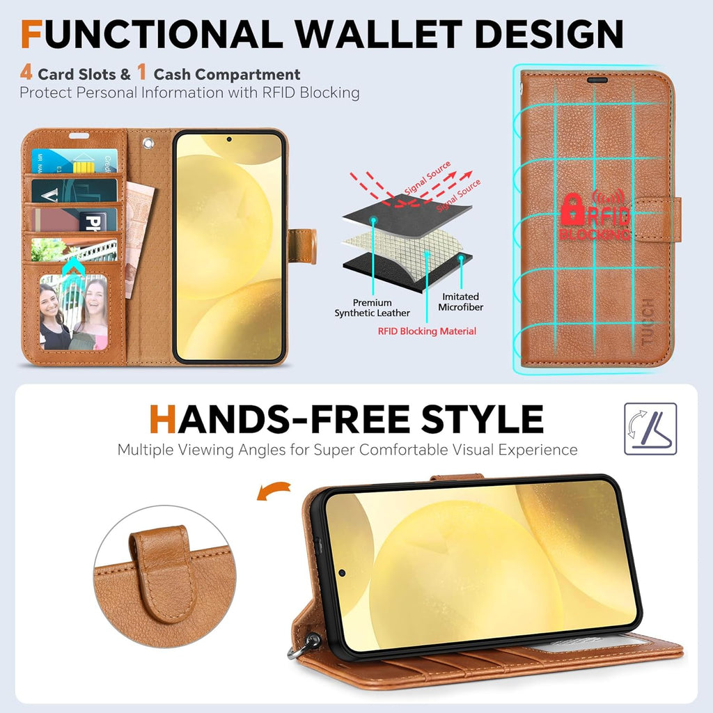 TUCCH Wallet Case for Galaxy S25, Removable 2 in 1 RFID Blocking [4 Card Slots] Wrist Strap [Wireless Charging] Kickstand PU Leather Magnetic Detachable Protective Folio Cover for Galaxy S25, Brown