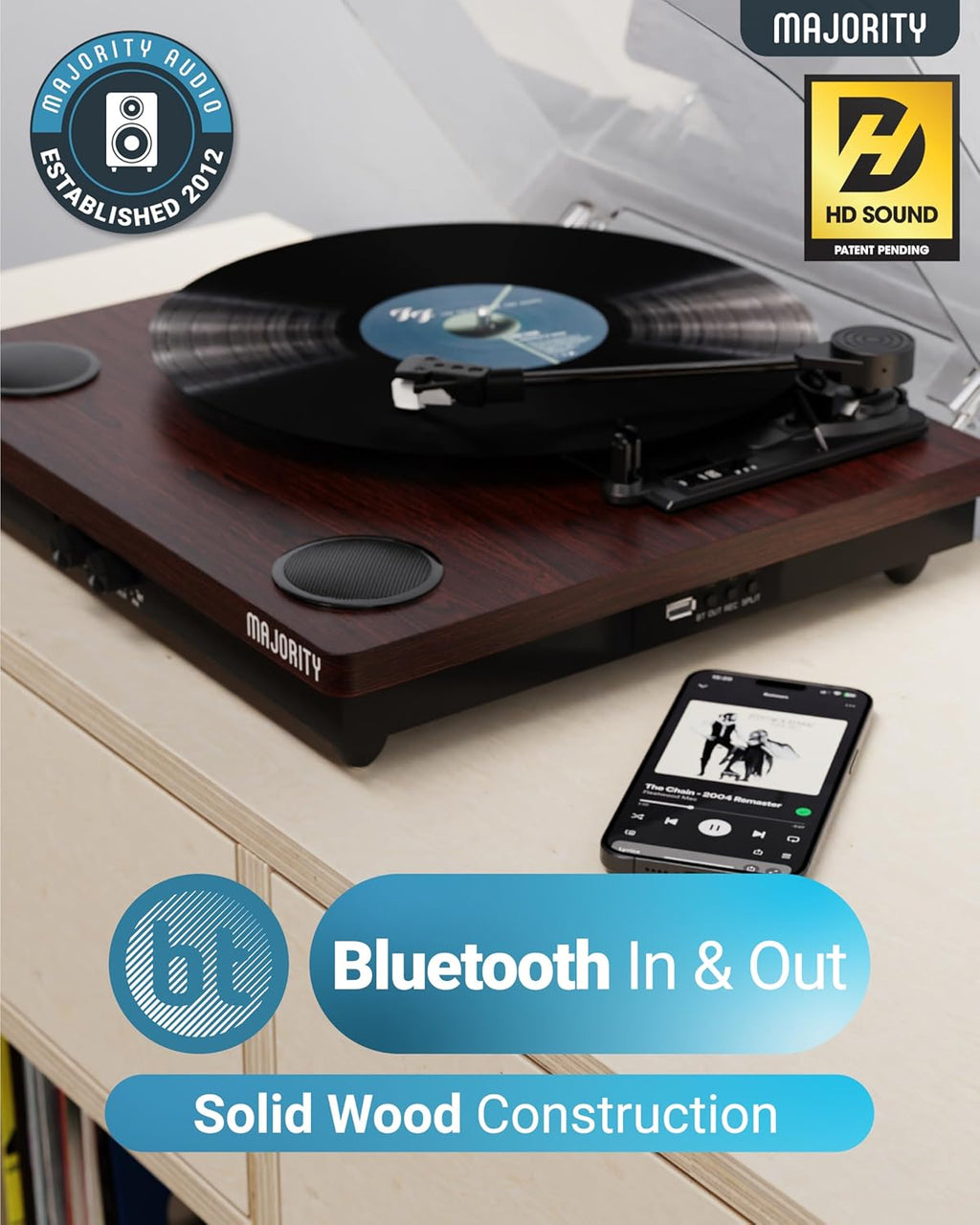 Vinyl Record Player with Bluetooth 5.3 in & Out | Record Player with Speakers & USB Recording | Bluetooth Record Player with AUX Input & RCA Output | Slipmat Included | Majority Moto Turntable