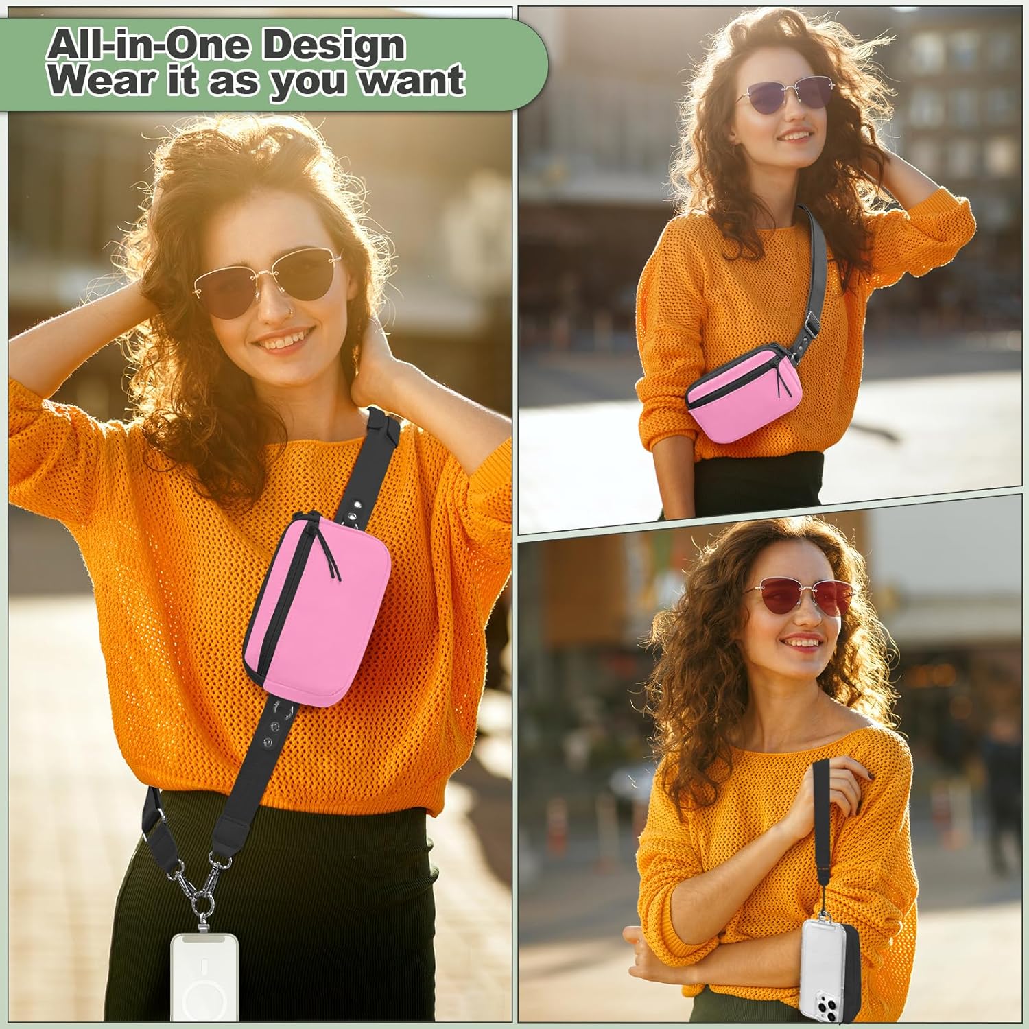 Clip and Go Strap for Phone with Wallet Crossbody, Adjustable Phone Lanyard with Detachable RFID Wristlet Wallet & Ultra-Thin 360° Rotatable Metal Tabs for All Smartphones (Pink)