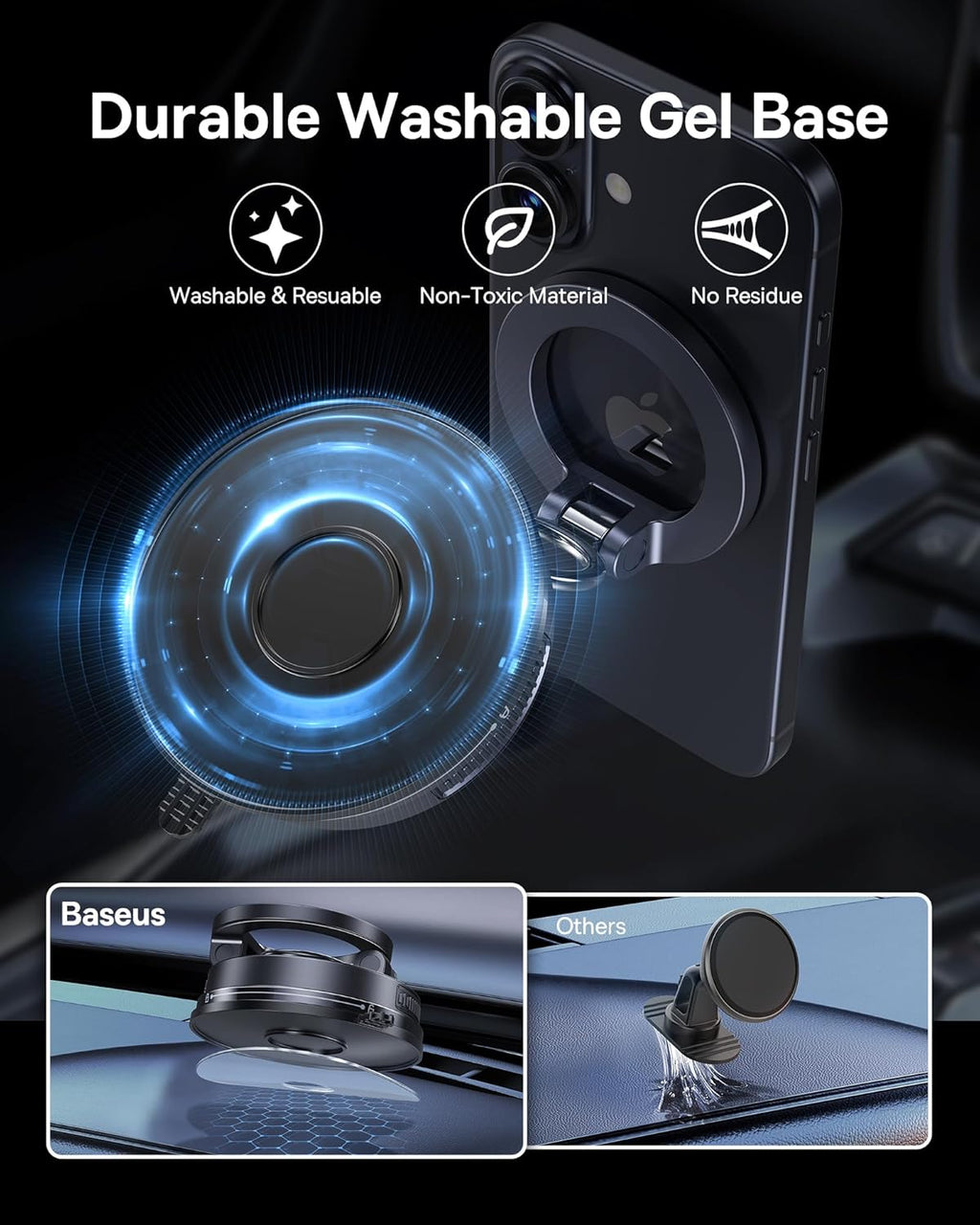 Baseus for Magsafe Car Mount, Vacuum 119LBS Magnetic Suction Cup Phone Holder for Car, 720° Adjustable Foldable Cell Phone Holder with Reusable Washable Gel for Car & for iPhone 16 15 14 13 Pro Max